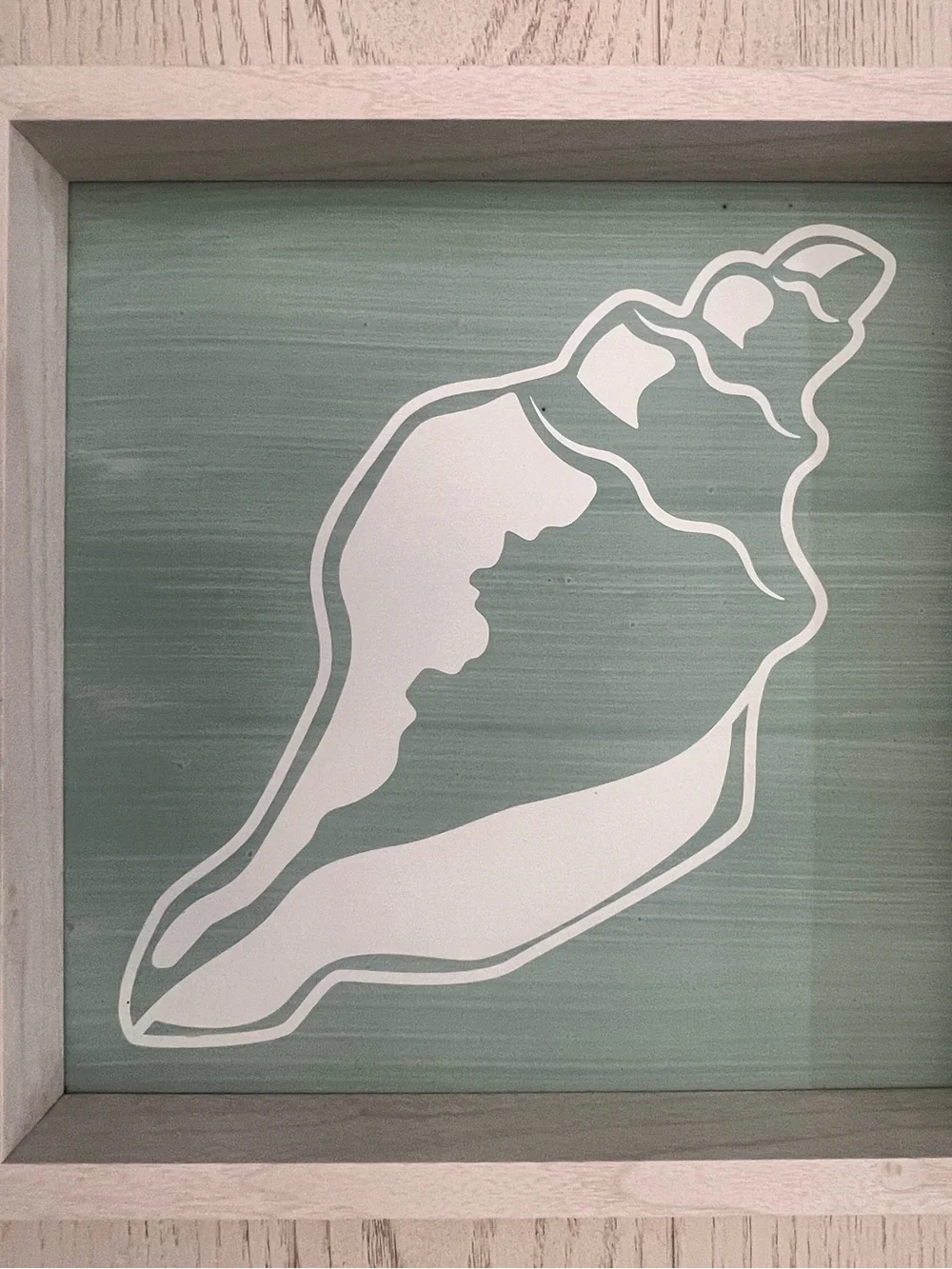 Coastal Conch Shell Framed Wall Decor White on Blue/Green Distressed Back - 10”